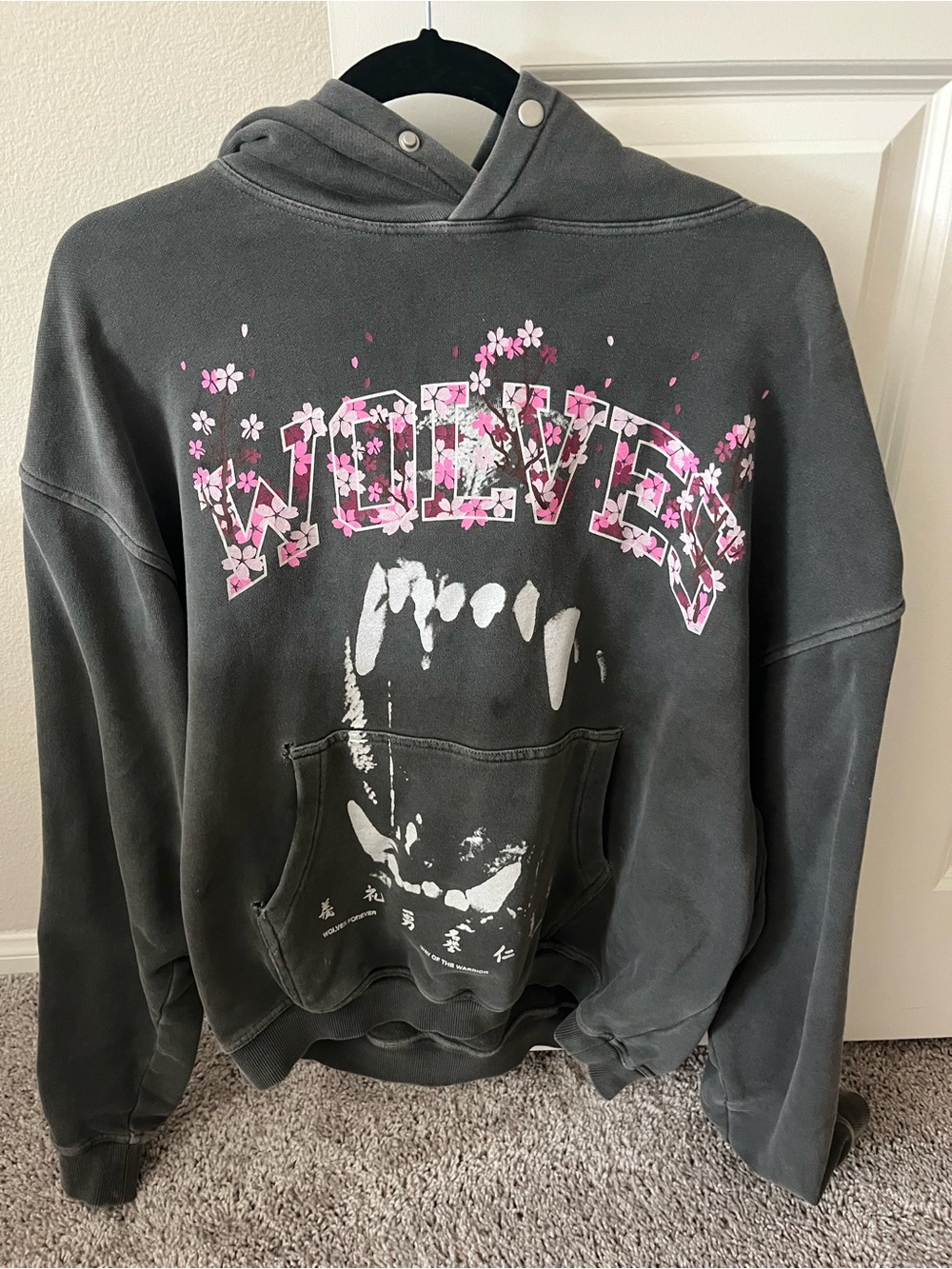 Wolves Darc Sport Graphic Hoodie - Dark Gray with Pink Floral Accent